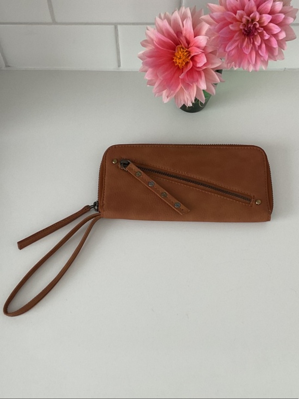 Free People Cognac Vegan Wristlet Wallet with Diagonal Zip